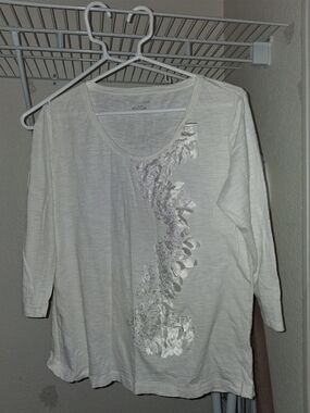Covington White Long-Sleeve Scoop Neck Top with Silver Sequin Trim